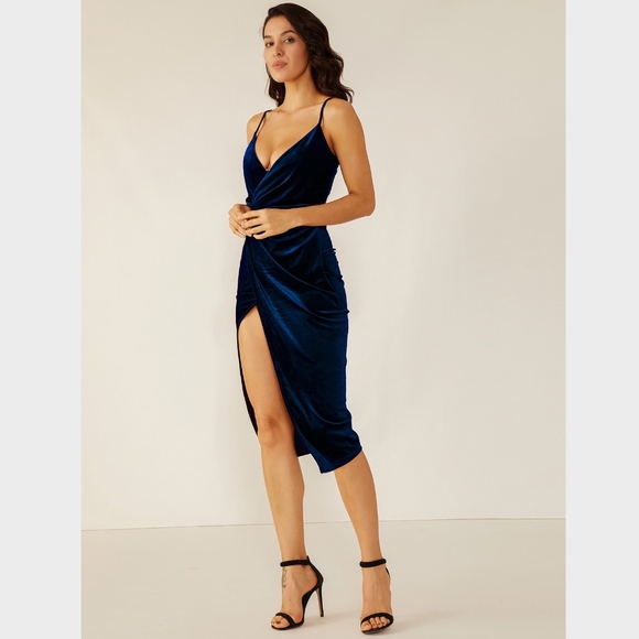 Blue Velvet Wrap Cami High Slit Asymmetric Dress - Picture 3 of 11